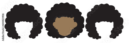 Set of Afro Hair isolated on white background. Afro Wig silhouettes with and without face. Frame of afro hair. Vector. 