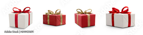 A collection of red and white gift wrapped presents with a red and gold ribbon bows isolated against a transparent background.