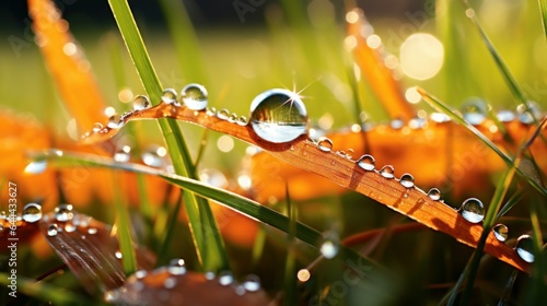 Fallen autumn leaves with dew in grass web banner. Autumn leaves with water drops closeup nature background. Golden autumn leaf in the grass in the sun