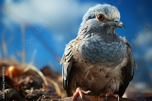 Boundless skies host a homing pigeon, its feathers a glistening white