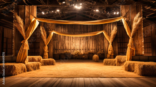 Rustic barn-inspired stage with hay and wooden beams,