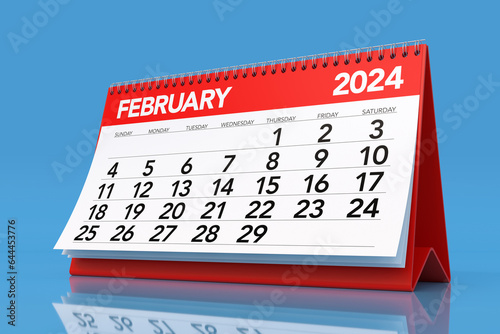 February 2024 Calendar. Isolated on Blue Background. 3D Illustration
