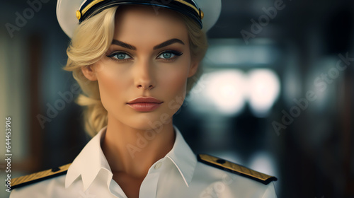 Female captain of a cruise ship. Portrait of a gorgeous blonde woman. Generative AI