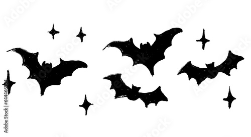 Hand drawn illustration border of black vampire bats in dark night sky. Halloween creepy spooky horror concept flying gothic design wildlife, mystery monster animal. minimalist print in monochrome.