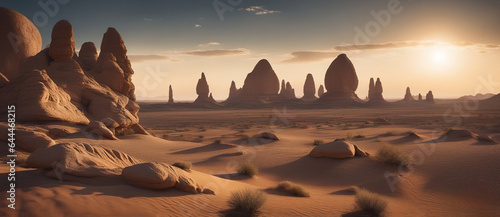 Wide-angle shot of an alien planet landscape. Breathtaking panorama of a desert planet with golden dunes and strange rock formations. Fantastic extraterrestrial landscape. Sci-fi wallpaper.