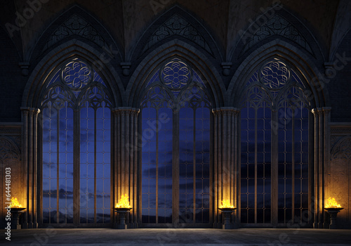 Abandoned castle with a large gothic window sunset rays