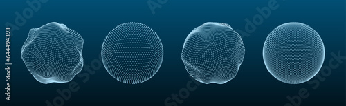 3D sphere mesh. Globe shapes with dots and line grid, orb wire structure models matrix futuristic concept. Digital polygonal balls with particles vector set