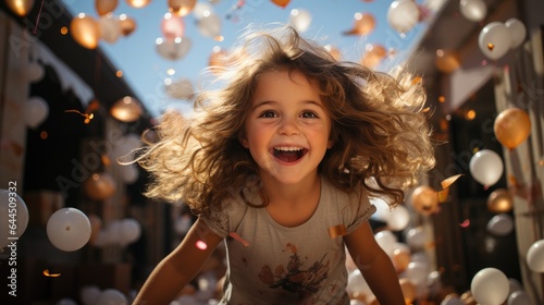 Birthday happy child girl with confetti and balloons on background. Generative AI