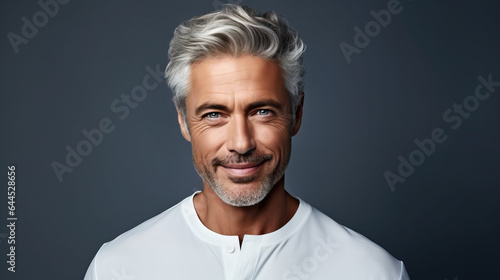 portrait of handsome caucasian man with grey hair, ai generated