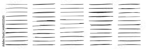 Set of underlines and strikethrough doodle lines set. Various simple sketch dividers, simple emphasis, ink pen, marker style. Scribble vector illustration isolated on transparent background