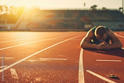 An exhausted runner, on the athletics track, resting after a defeat.