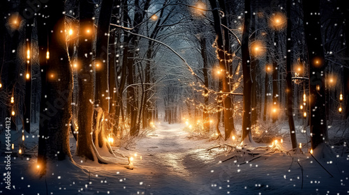 Footpath in a gloomy mysterious winter forest with magic lights