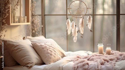 Hanging elegant feather white dreamcatcher beside bed. Generative ai.