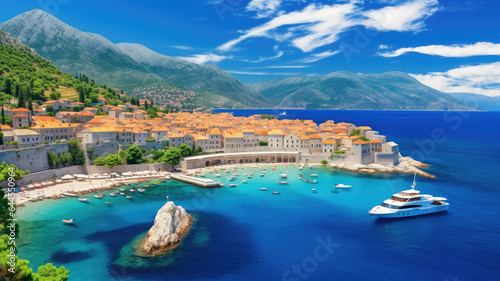 Aerial view Of Sveti Stefan island in Budva, Montenegro. Beautiful Landscape in Mediterranean