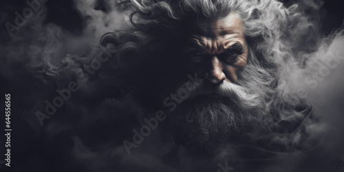 Portrait of a old mysterious man with a long beard and mustache in a black cloak in the dark smoke