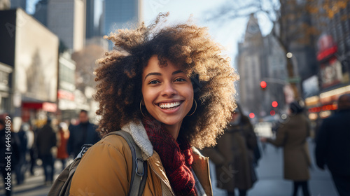 Young afro american woman tourist taking selfie photo. Portrait of american young woman with curly hair in New york. Happy young woman walking in New York city.