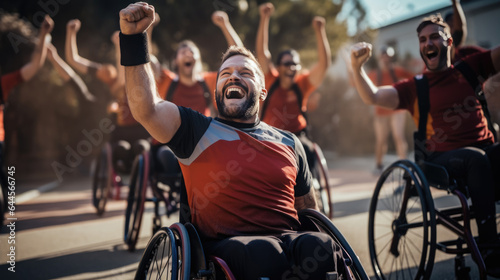 Group of Man in a wheelchairs plays sports