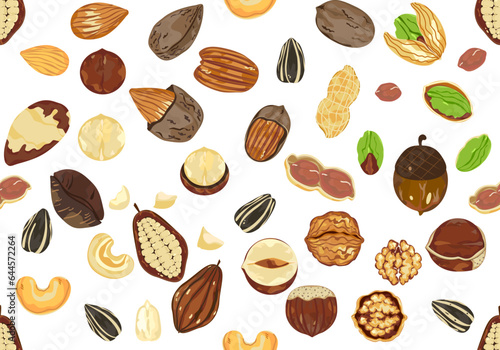 Seamless vector pattern with Nuts and seeds in a flat design in cartoon style cute design Modern bright colors for paper covers. interior fabrics, backgrounds, and other users.