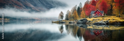 Breiter Banner mit einer Landschaft aus Norwegen im Herbst und Winter. Rotes Haus am See mit Spiegelung und Nebel. Hintergrund Beispiel für Ferienwohnungen in Norwegen und Schweden.