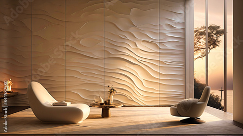 White textured wall panels with recessed lighting,