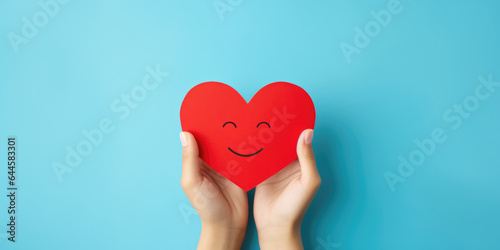Young women hands holding smile paper red heart, health care, donate and family insurance concept, world heart day, world health day, CSR responsibility, Valentine's day, generative ai