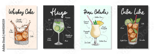 Set of 4 advertising recipe lists with alcoholic drinks, cocktails and beverages lettering posters, wall decoration, prints, menu design. Hand drawn typography with sketches. Handwritten calligraphy.