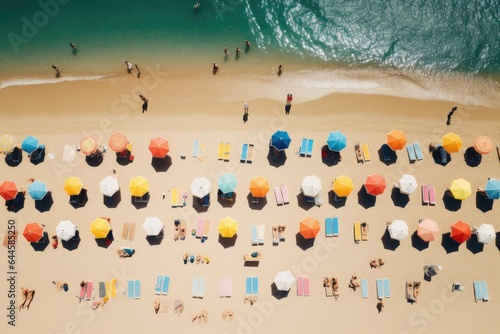 Aerial view of people sunbathing and sunbathing on the beach, Aerial view of people sunbathing on the beach in summer, AI Generated