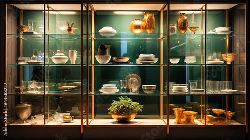 Glass-fronted cabinets showcasing beautiful dinnerware