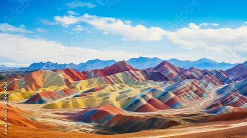 Flying Through Nature With View On Colorful, Striped Zhangye Rainbow Mountains