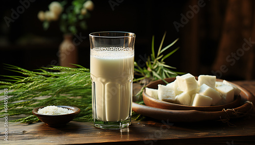 Artistic recreation of milk glass and white cheese in a plate