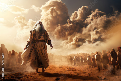 Illustration of Moses leading the people of Israel in the desert on the way to Canaan Generative AI