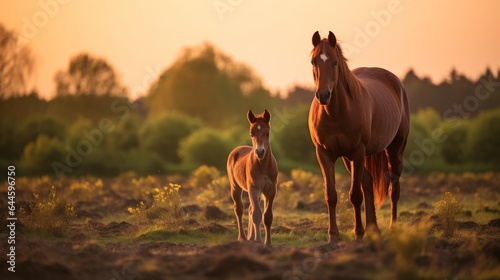 A lovely brown female horse supporting and educating her sweet unused small foal on a brilliant summers evening