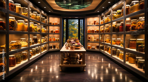 Floor to ceiling glass pantry showcasing organized provisions
