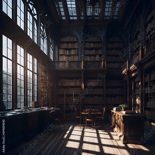 Generative KI alte Bibliothek mit lichtdurchflutenden großen Fenstern
