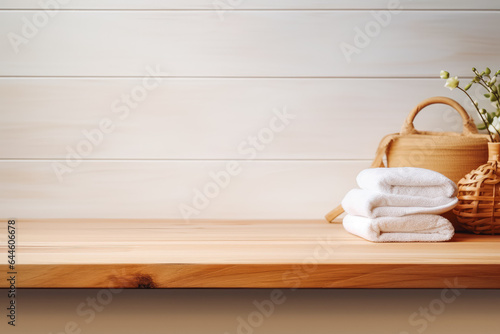 Empty wooden table in front of blurred bathroom interior background. Product placement background for mockups.