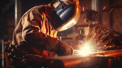 Worker or welder in metallurgical industry performing welding in suit and mask