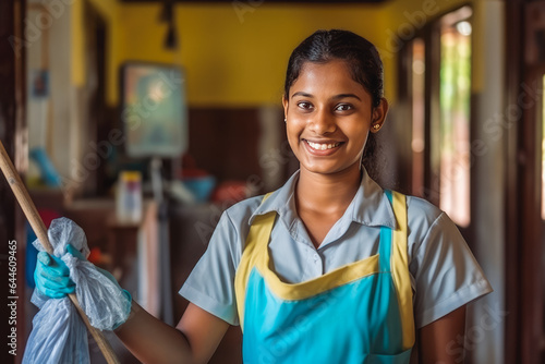 Young indian female house cleaner doing her job.