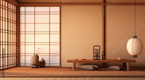 A tranquil shoji room with beautiful furniture and delicate vases on the walls, illuminated by natural light streaming in from the window, creating a serene atmosphere on the warm wooden floor
