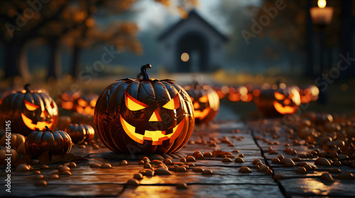 Halloween background with Evil Pumpkin. Spooky scary dark forrest. Holiday event halloween banner background concept. 