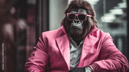 A mysterious man clad in a vibrant pink leather coat and stylish sunglasses stands out on the street, boldly showing off his wild and unique style