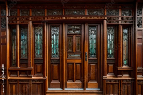 The intricate woodwork of a Craftsman-style front door, framed by sidelights and a transom window 