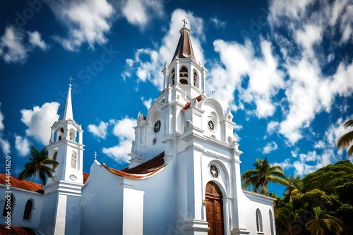 The architectural splendor of a Colonial church, its white steeple reaching for the sky against a backdrop of azure blue 