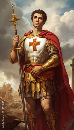 Image of Saint Expedite looking at the sky holding the cross. Devotion to St Expeditus. 