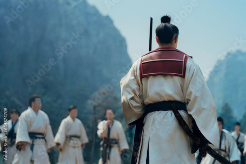 A skilled samurai stands calmly as he prepares to fight his enemies. A master swordman faces off a group of samurais. A sensei grandmaster training his student warriors in the way of the sword.