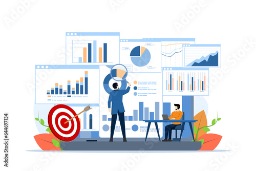Data analysis concept with businessman character. Teamwork business analyst graphs and sales management statistical diagrams and operational reports flat vector illustration. Financial report metaphor
