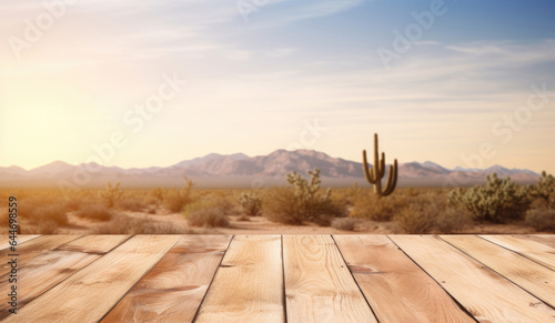 Wooden desk with desert landscape on background
