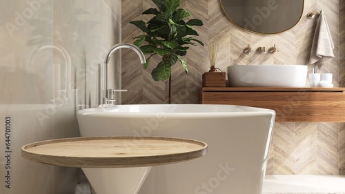 Round wooden side table, bathtub, fiddle leaf fig tree in luxury design bathroom in sunlight on beige brown tile wall. Beauty, cosmetic, skincare, body care, toiletries product display background 3D