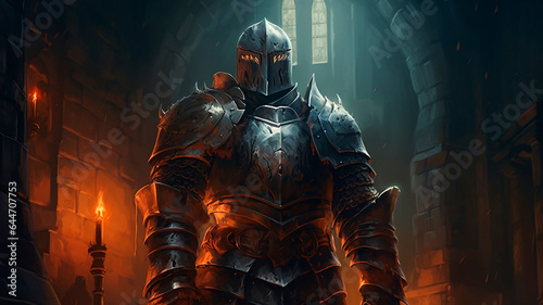 A knight with armor in a dungeon, the plot of historical accounts. Generative AI