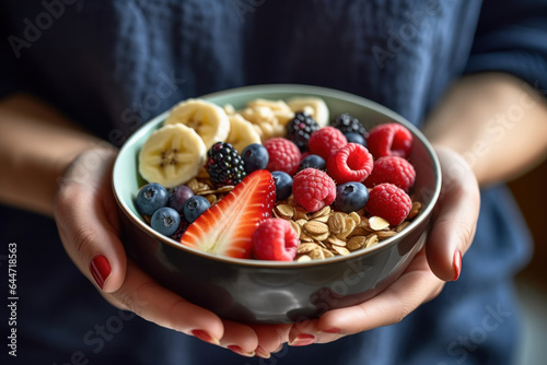 Close up on a bowl of delicious, healthy muesli held by two hands. Oatmeal with fruit and nuts for breakfast