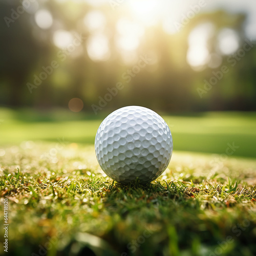 Close-up golf ball on tee with blur green bokeh background. Made with generative ai